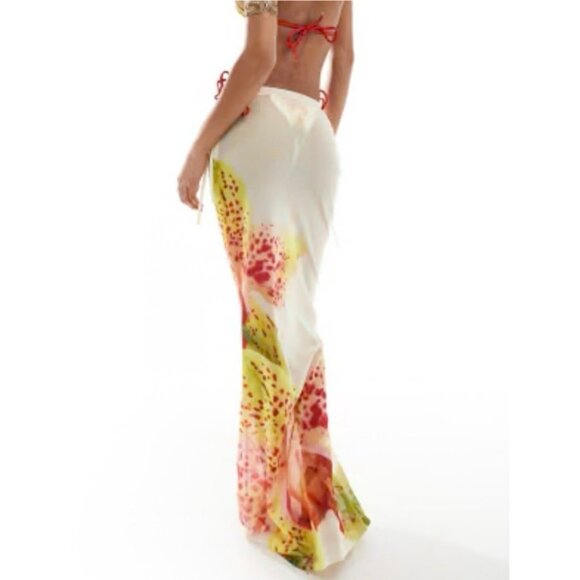 Murci Mesh Maxi Beach Skirt Floral Print Sheer Cover Up White Yellow Pink 2 - Picture 2 of 7